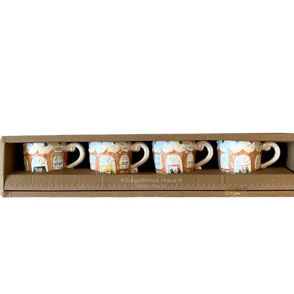 Christmas Gingerbread House Espresso Mug Set of 4 Hand Painted Holiday Mugs New